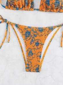 SHEIN Swim Triangular Cup Knotted Side Smocked Bikini Set Summer - Orange - View 5