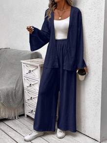 SHEIN LUNE Drop Shoulder Open Front Coat & Skirt - Navy Blue - View 3
