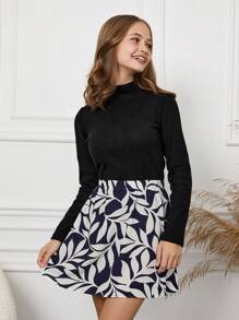 RueChic Teen Girl Tricou cu gât fals și fustă cu imprimeu cu frunze