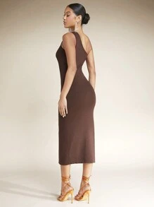 SHEIN BAE فستان صوف مفتوح الكتف الواحد فتحة للفخذ - قهوة بني - مشاهدة 2