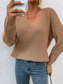 SHEIN Frenchy 落肩袖條紋針織套頭毛衣 - 卡其色 - 查看 6