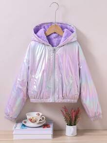 SHEIN 青少年女孩拉鍊連帽毛絨內裡全息夾克 秋季 - 彩色 - 查看 4
