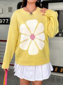 Flirla 大碼花卉圖案落肩袖套頭毛衣 - 黃色 - 查看 1