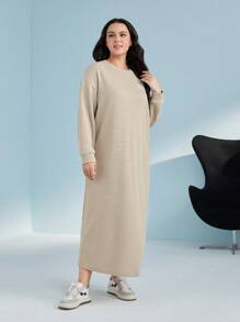Seusyu Plus Letter Patched Drop Shoulder Dress - Khaki - View 6