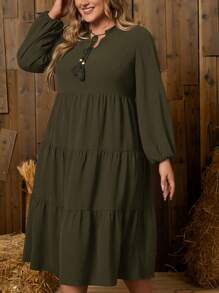 EMERY ROSE Plus Tie Neck Ruffle Hem Smock Dress - Army Green - View 3