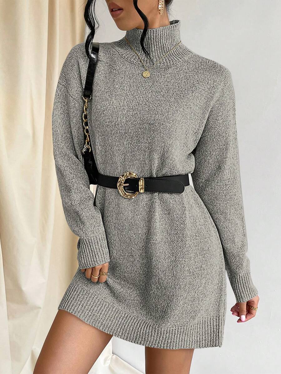 EURMUSE Women's Turtleneck Drop Shoulder Sweater Dress - Grey - View 1