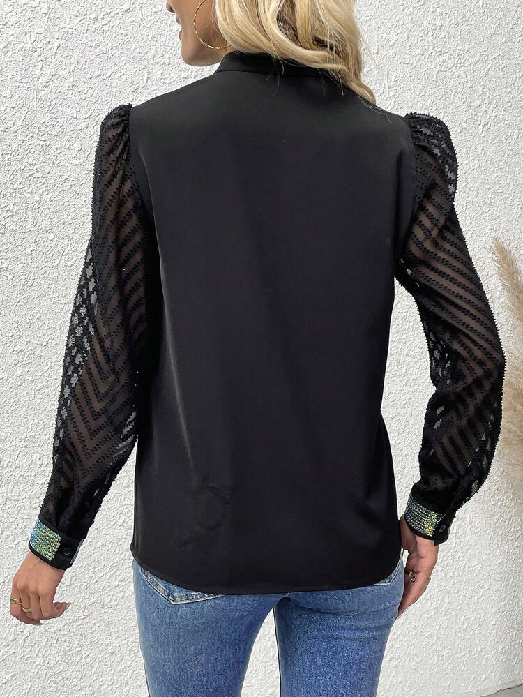 Notch Neck Contrast Sequin Blouse