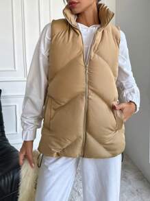 EURMUSE Women'S Solid Color Padded Vest Coat Jacket - Khaki - View 1