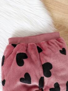 SHEIN Playful Pals 女嬰愛心圖案毛絨帽衫和褲子 - 藕粉色 - 查看 6