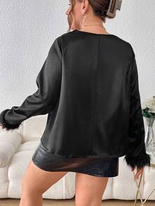 SHEIN Privé Hơn cổ áo xếp nếp 	
Fuzzy Cổ tay áo Xa ten Áo sơ mi - màu đen - Xem 2