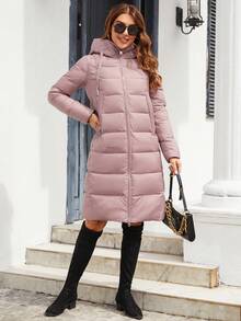 MIEGOFCE Zip Up Drawstring Hooded Padded Coat, Ladies Winter Casual Pocket, Zipper Regular Sleeve Hooded Regular Fit Dusty Pink Plain Women Padded Coats, Winter Warmth/ Winter Fashion - Dusty Pink - View 6