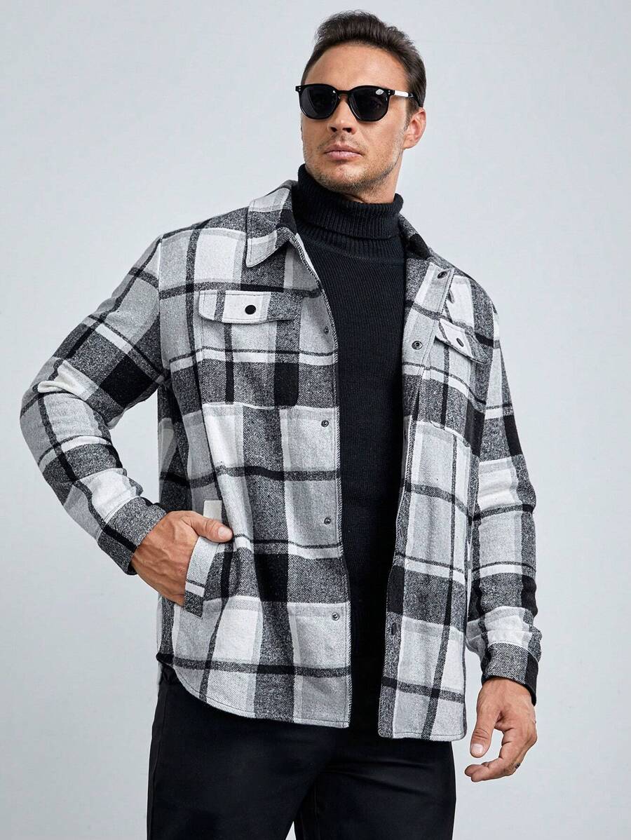 Manfinity VCAY Men's Plus Size Woven Casual Plaid Woolen Shacket, For Fall Winter - Black and White - View 1
