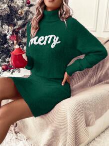 SHEIN Clasi Đồ họa Chữ cái Áo cao cổ Thả vai Đầm Áo len - Màu xanh lá cây đậm - Xem 5