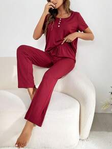 半排扣T恤和褲子休閒套裝 - 酒紅色 - 查看 5