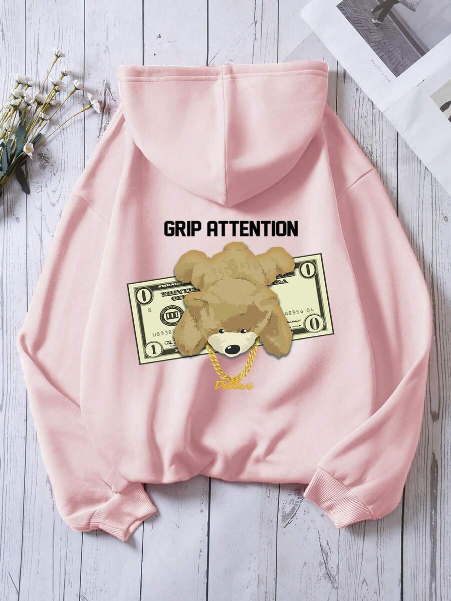 SHEIN EZwear 熊和標語圖案抽繩加絨內裏連帽衫 - 粉色 - 查看 1