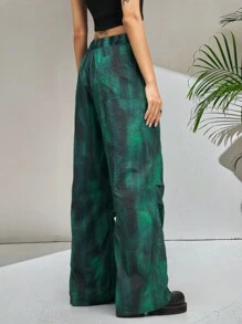 SHEIN Unity 紮染字母貼布腰部抽繩闊腿褲 - 綠色 - 查看 2