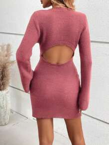 SHEIN LUNE Solid Fare Sleeve Sweater Dress - Coral Pink - View 2
