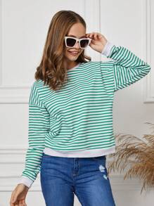 RueChic Tween Girl Striped Print Drop Shoulder Sweatshirt - Multicolor - View 1