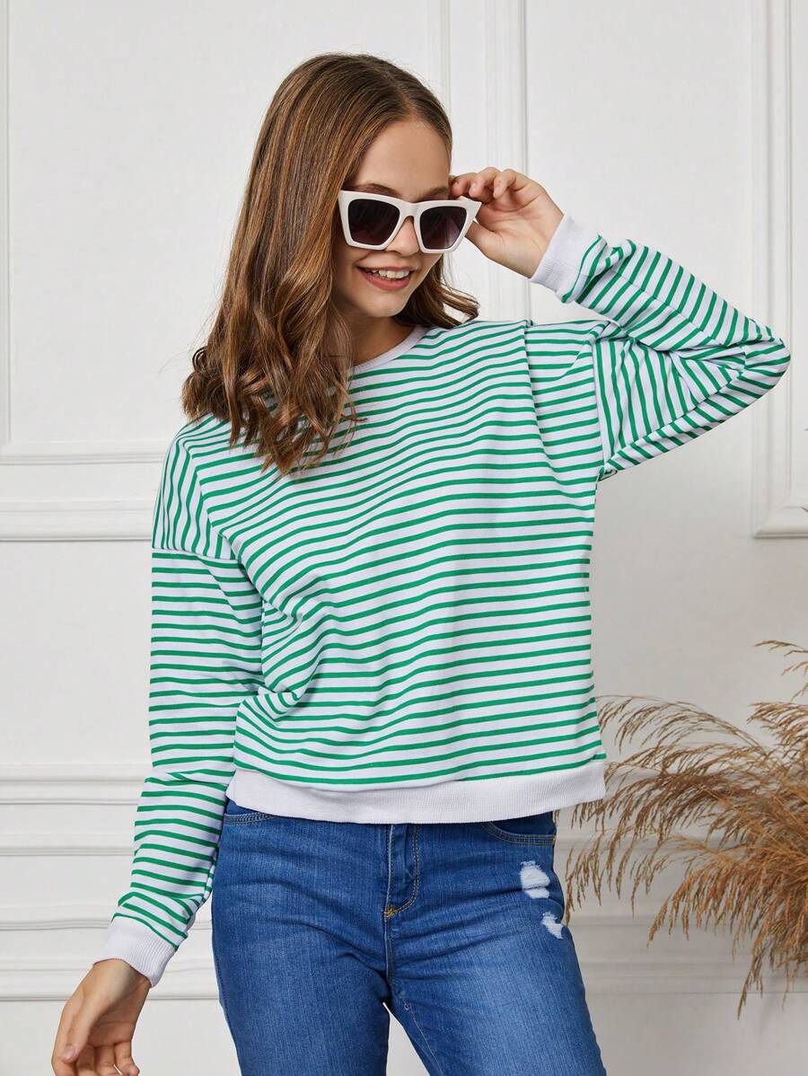 RueChic Tween Girl Striped Print Drop Shoulder Sweatshirt - Multicolor - View 1