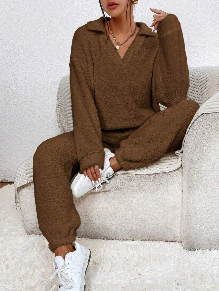 SHEIN Frenchy Chất rắn Thả vai Teddy Áo len & quần - màu nâu - Xem 1