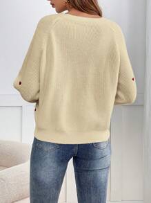 SHEIN Frenchy Thêu trái tim Tay Raglan Áo len Mở - Màu be - Xem 2