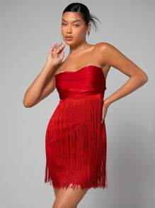 SHEIN BAE Fringe Trim Ruched Bustier Tube Dress - Red - View 5