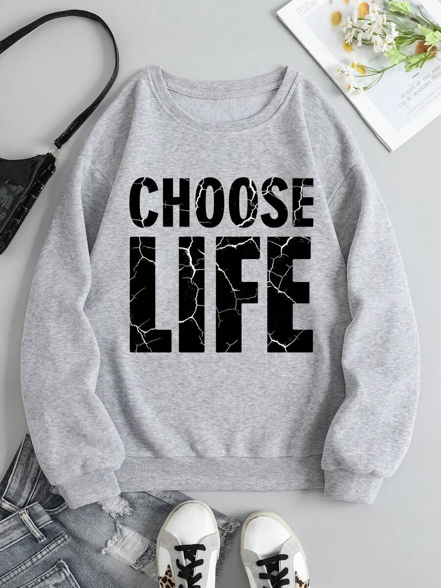SHEIN EZwear Đồ họa Chữ cái Lót nhiệt Áo nỉ - Xám - Xem 1