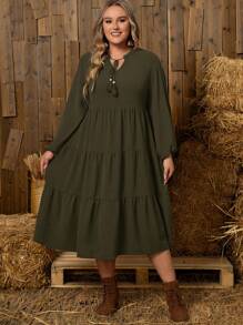EMERY ROSE Plus Tie Neck Ruffle Hem Smock Dress - Army Green - View 5