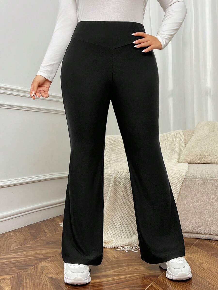 SHEIN EZwear 大碼高腰喇叭褲 - 黑色 - 查看 1