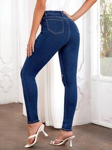 SHEIN EZwear Cao eo Quần jean rách - Rửa tối - Xem 2