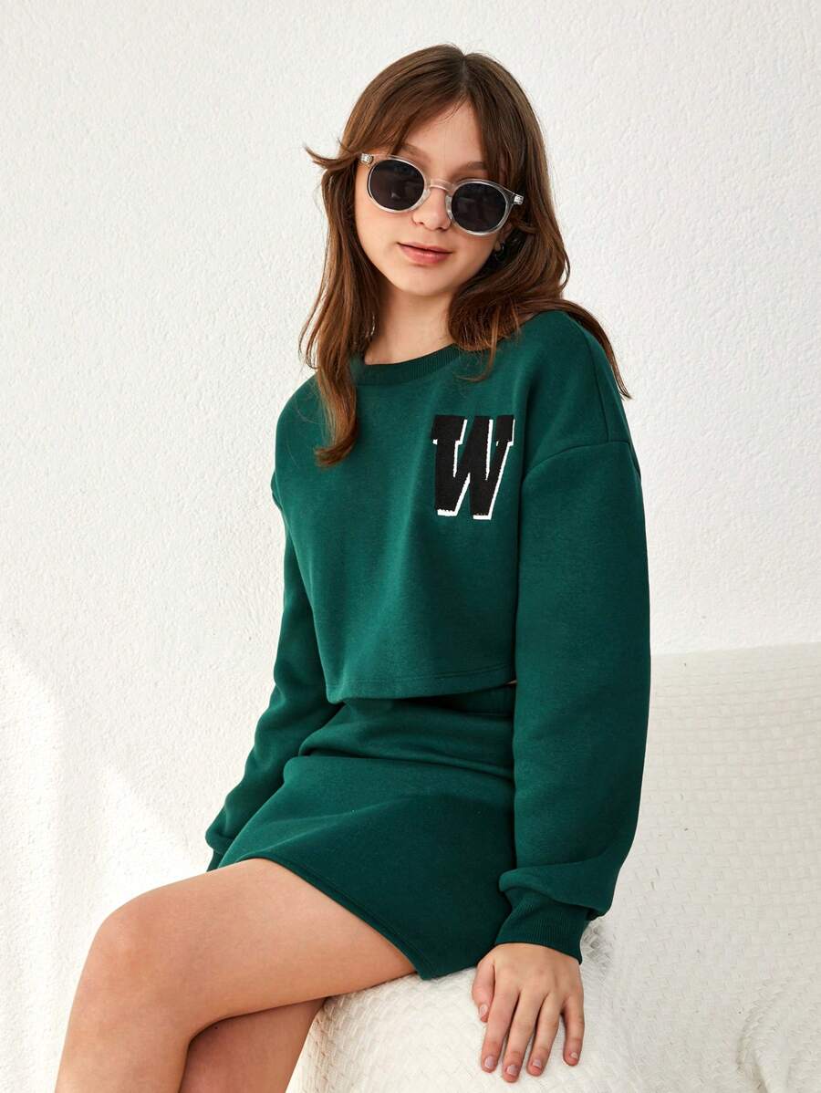 RueChic Teen Girl Letter Graphic Drop Shoulder Pullover & Skirt - Green - View 1