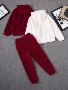 Tween Boy 2pcs Letter Patched Teddy Hoodie & 1pc Pants - Multicolor - View 2