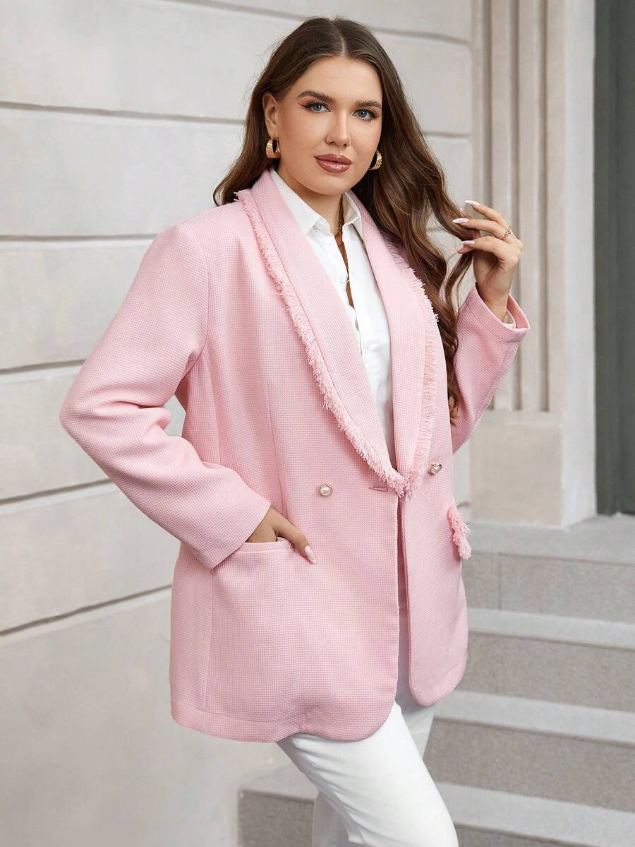 SHEIN Clasi Plus Shawl Collar Double Button Blazer - Pink - View 1