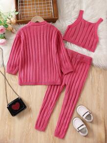 SHEIN 女小童素色針織背心上衣和針織褲&開襟衫 - 玫紅色 - 查看 2