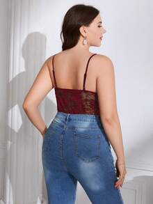 SHEIN Privé 大碼蕾絲拼接緊身吊帶連體衣 - 酒紅色 - 查看 2