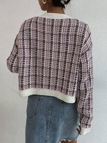 SHEIN Frenchy 格紋圖案落肩袖前紐扣開襟衫 - 粉色 - 查看 2