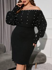 SHEIN Clasi Plus Pearls Beaded Off Shoulder Batwing Sleeve Sweater Dress - Black - View 1