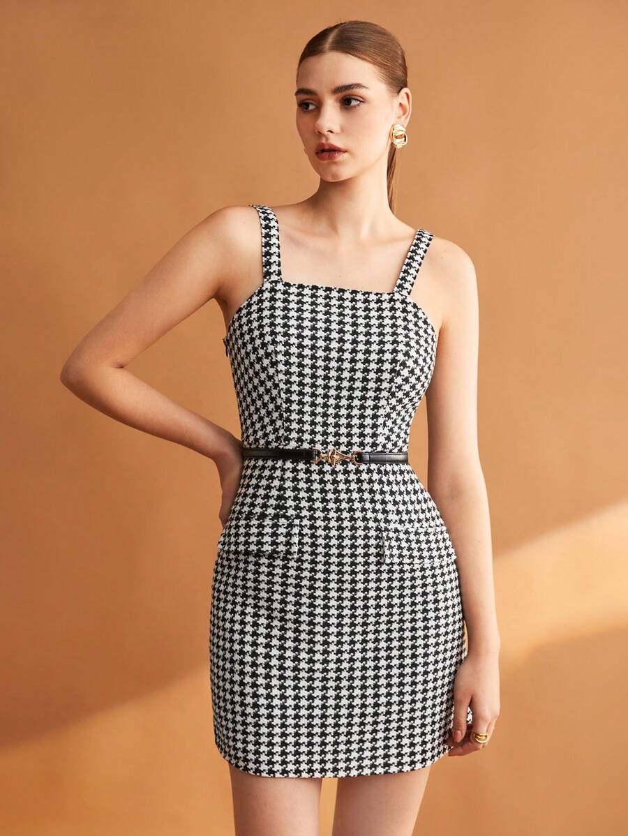 BizChic 千鳥格印花吊帶洋裝不附腰帶 - 黑與白 - 查看 1