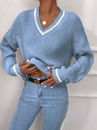 EURMUSE Striped Trim Drop Shoulder Cricket Sweater