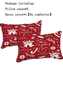 3pcs Christmas Themed Polyester Bedding Set With Snowflakes, Bells And Red Background - Red and White - View 4