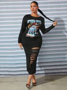 SHEIN SXY 大碼汽車和字母圖案破洞緊身洋裝 - 黑色 - 查看 1