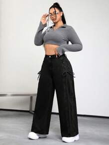 SHEIN EZwear Plus Lace Up Side Wide Leg Jeans - Black - View 7
