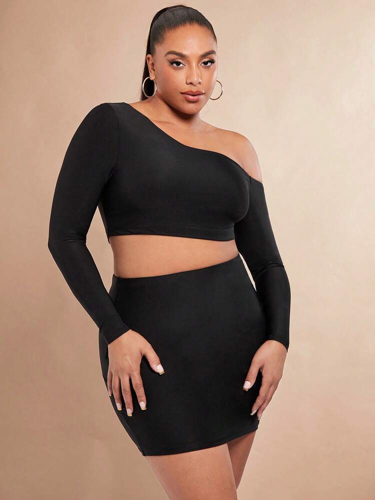 Plus Asymmetrical Neck Lace Up Back Rhinestone Crop Top & Bodycon Skirt