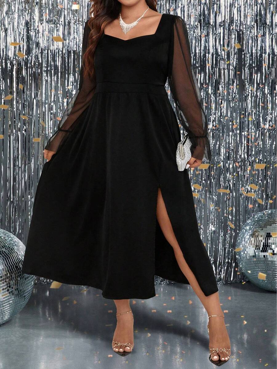 SHEIN Clasi 大碼網紗拼接高衩洋裝 - 黑色 - 查看 1