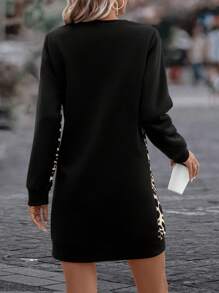 SHEIN LUNE Contrast Leopard Print Sweatshirt Dress Pullover Fall Outfit - Black - View 2