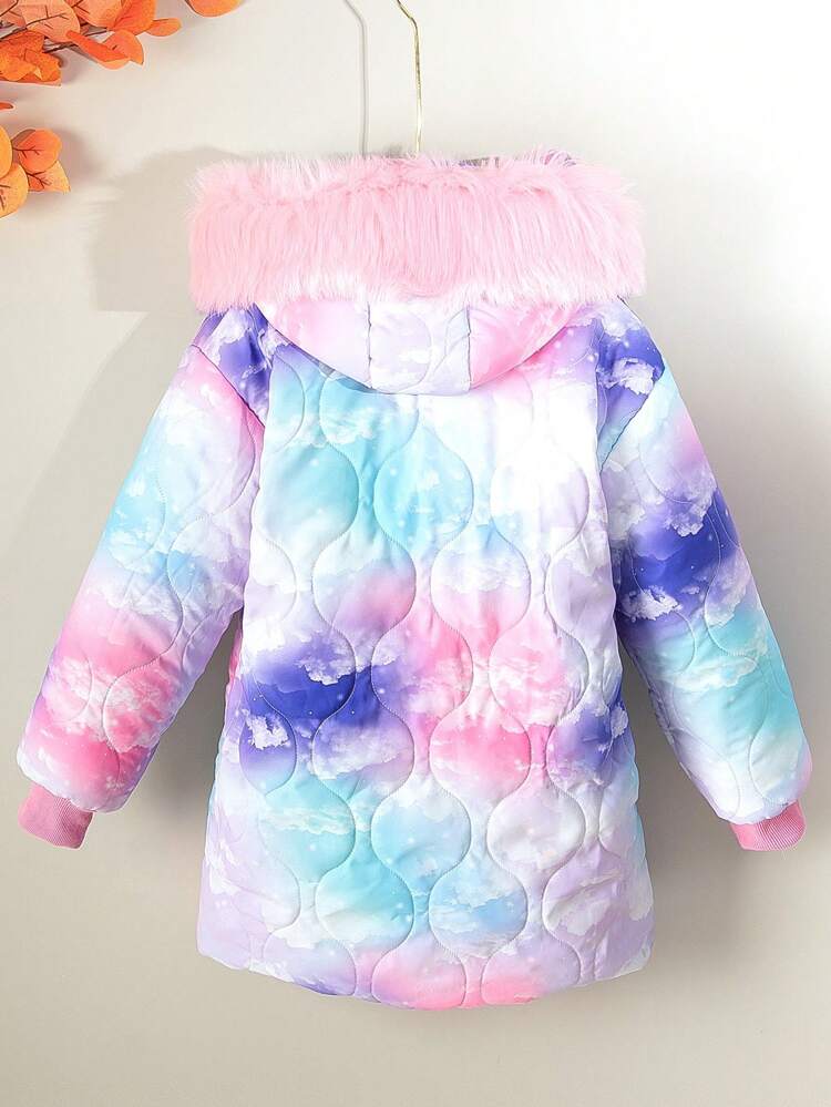 Tween Girl Tie Dye Fuzzy Trim Hooded Padded Coat Without Sweater