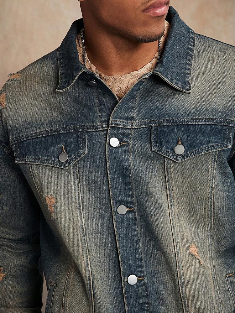 Men's Loose Fit Ripped Frayed Denim Jacket