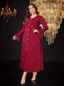 Modelyn Plus Fuzzy Cuff Button Front Dress