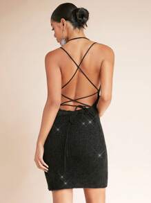 SHEIN BAE Crisscross Ca-vát Backless Váy len yếm - màu đen - Xem 1