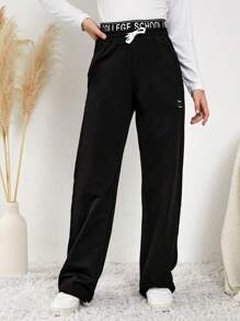 RueChic Teen Girl Letter Graphic Drawstring Waist Straight Leg Pants - Black - View 3
